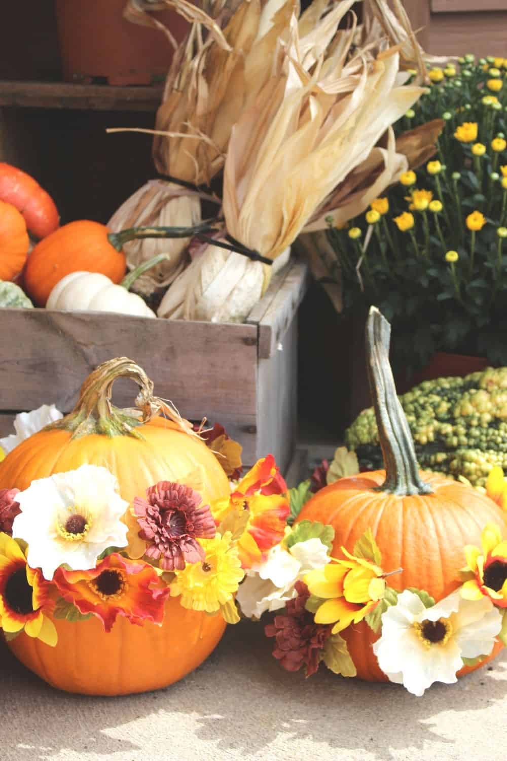 Get creative with your fall front porch decor this year. These festive no-carve flower pumpkins are so pretty and so easy to make. These pumpkin flower arrangements are so welcoming. #nocarvepumpkin #flowerarrangement #pumpkincraft