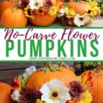 Get creative with your fall front porch decor this year. These festive no-carve flower pumpkins are so pretty and so easy to make. These pumpkin flower arrangements are so welcoming. #nocarvepumpkin #flowerarrangement #pumpkincraft