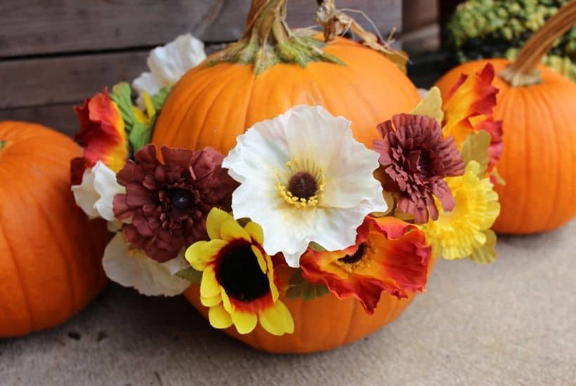 Get creative with your fall front porch decor this year. These festive no-carve flower pumpkins are so pretty and so easy to make. These pumpkin flower arrangements are so welcoming.