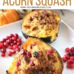 Roasted Acorn Squash with Cornbread Sausage Stuffing is a perfect recipe for Thanksgiving and fall. Fresh cranberries, cornbread and sausage round out this stuffed acorn squash recipe.