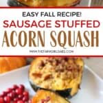 Roasted Acorn Squash with Cornbread Sausage Stuffing is a perfect recipe for Thanksgiving and fall. Fresh cranberries, cornbread and sausage round out this easy acorn squash recipe. This sausage stuffed acorn squash makes an easy fall main dish or delicious holiday side. Also, you'll learn how to cook acorn squash. Try this baked acorn squash recipe for dinner.