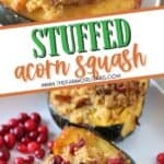 Roasted Acorn Squash with Cornbread Sausage Stuffing is a perfect recipe for Thanksgiving and fall. Fresh cranberries, cornbread and sausage round out this easy acorn squash recipe. This sausage stuffed acorn squash makes an easy fall main dish or delicious holiday side. Also, you'll learn how to cook acorn squash. Try this baked acorn squash recipe for dinner.