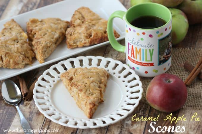 Caramel Apple Pie Scones are the perfect fall breakfast treat, made with fresh apples and topped with sweet caramel glaze.