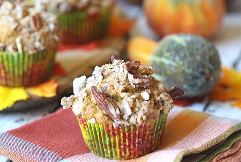 These Pumpkin Pecan Crunch Muffins combine a delicious pumpkin muffin with a crunchy pecan streusel topping. These pumpkin muffins are the perfect snack for any time of the day.
