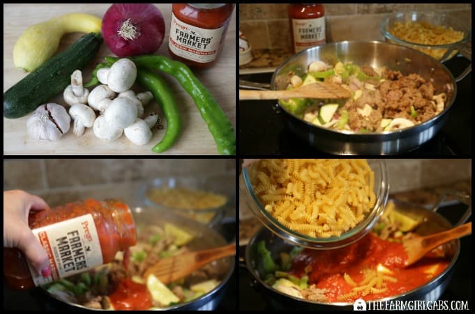 This Garden Fresh Pasta Puttanesca has plenty of spicy zip. Fresh garden vegetables and spicy sausage star in this one-pot recipe. AD #PickedAtPeak