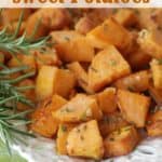 Rosemary Parmesan Sweet Potatoes are tossed in fresh rosemary and parmesan then roasted to perfection!