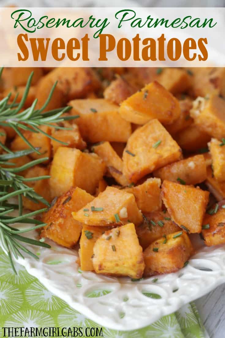 Rosemary Parmesan Sweet Potatoes are tossed in fresh rosemary and parmesan then roasted to perfection! This easy recipe makes the perfect side dish for any occasion.