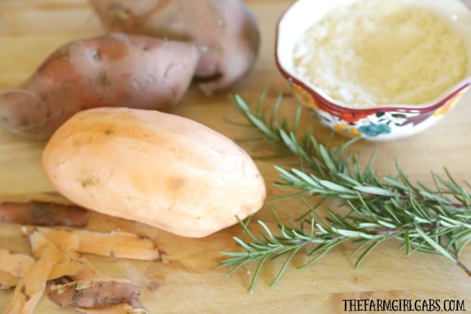 Rosemary Parmesan Sweet Potatoes are tossed in fresh rosemary and parmesan then roasted to perfection!