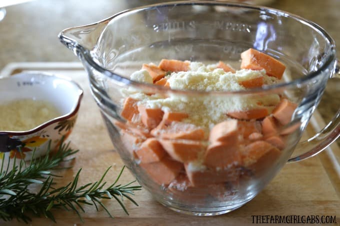 Rosemary Parmesan Sweet Potatoes are tossed in fresh rosemary and parmesan then roasted to perfection!