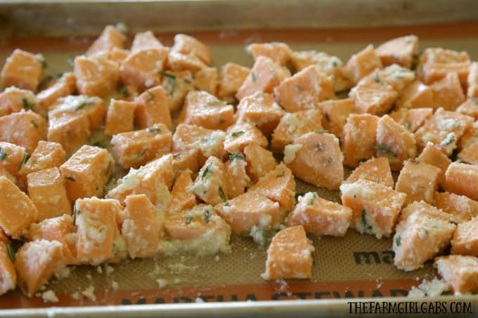 Rosemary Parmesan Sweet Potatoes are tossed in fresh rosemary and parmesan then roasted to perfection!