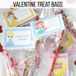 These Disney Princess Valentine Treat Bags are a fun idea for kids to hand out to their friends at school for Valentine’s Day. You can fill these with candy, crafts, or anything you want!