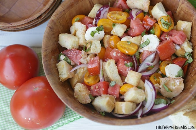 Tomato season call for a delicious Jersey Fresh Panzanella Salad. Ripe juicy tomatoes pair up with rustic french bread to create a delicious summer salad.