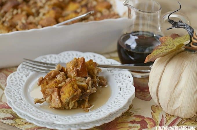 Celebrate the flavors of fall with this easy overnight Baked Pumpkin Walnut French Toast. This pumpkin walnut french toast recipe is a perfect way to start your day!