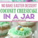 These colorful No Bake Coconut Cheesecake Parfaits are a sweet way to welcome spring. They are a perfect Easter dessert recipe for your holiday celebration. This no-bake dessert recipe can be served in mason jars or parfait dishes. This easy holiday dessert recipe can also be made ahead of time. #nobakedessert #masonjarrecipe #easterdessert #cuteeasterdessert