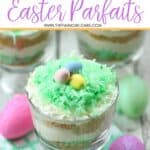 These colorful No Bake Coconut Cheesecake Parfaits are a sweet way to welcome spring. They are a perfect Easter dessert recipe for your holiday celebration. This no-bake dessert recipe can be served in mason jars or parfait dishes. This easy holiday dessert recipe can also be made ahead of time. #nobakedessert #masonjarrecipe #easterdessert #cuteeasterdessert