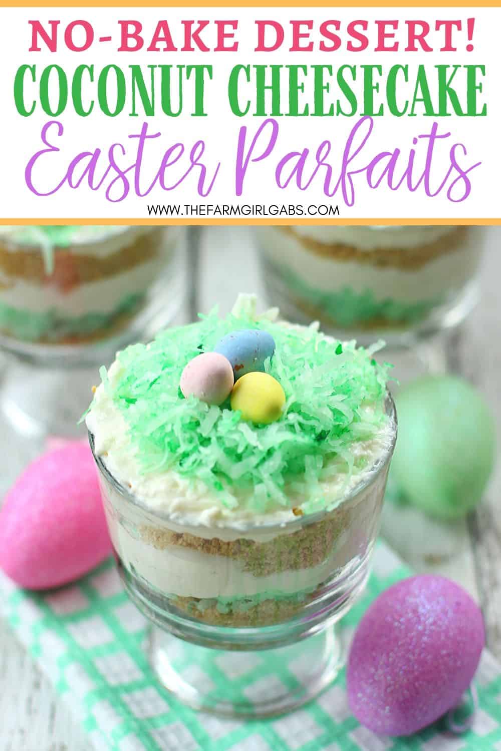 These colorful No Bake Coconut Cheesecake Parfaits are a sweet way to welcome spring. They are a perfect Easter dessert recipe for your holiday celebration. This no-bake dessert recipe can be served in mason jars or parfait dishes. This easy holiday dessert recipe can also be made ahead of time. #nobakedessert #masonjarrecipe #easterdessert #cuteeasterdessert