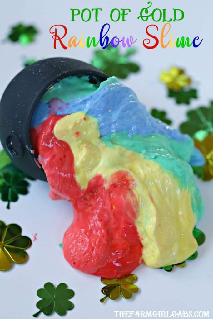 Make a batch of this fun Pot Of Gold Rainbow Slime to celebrate St. Patrick's Day. Your kids will love making this fun slime craft! #Slime #KidsCraft #DIY