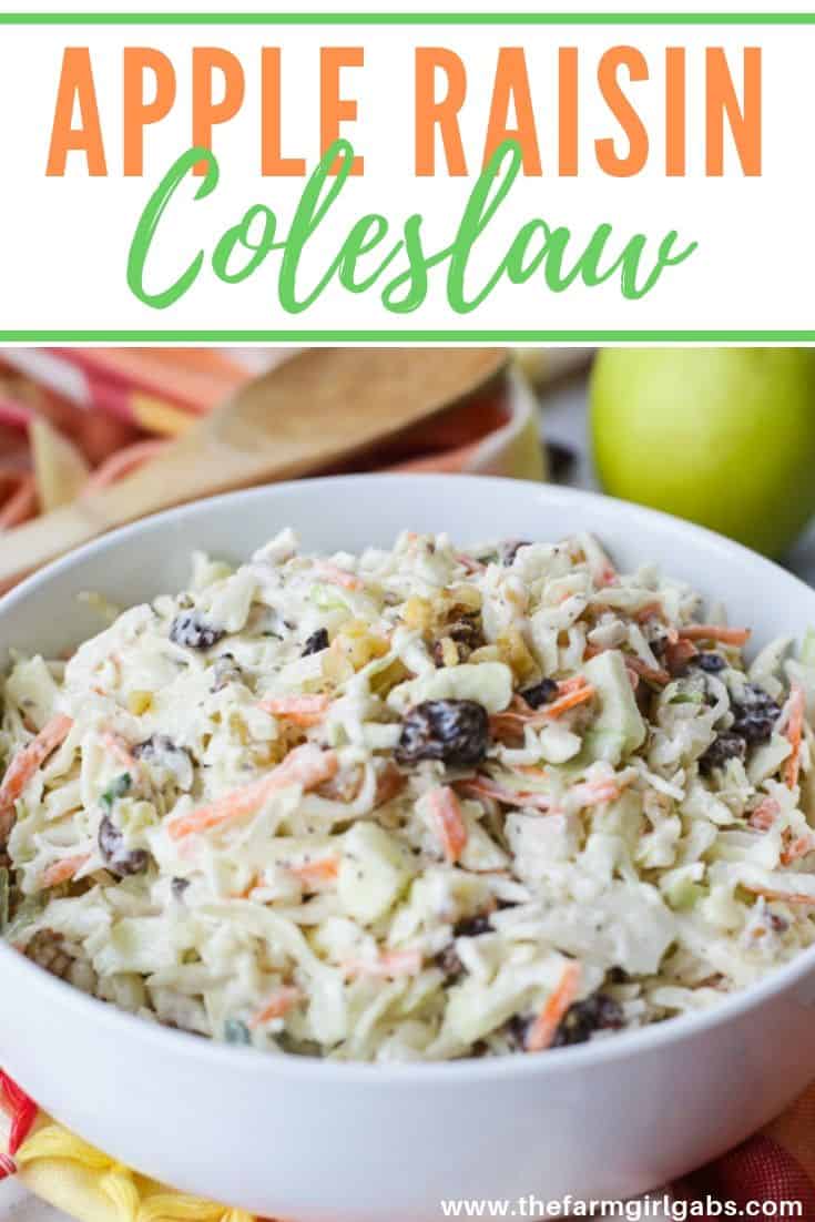 Coleslaw isn't just for picnics. Take your coleslaw to a new level with this tasty Apple Raisin Coleslaw. This recipe is the perfect side dish to serve any time of year. Ready in just 10 minutes, this delicious coleslaw recipe is topped with a creamy homemade dressing. It's the perfect blend of sweet and savory. #coleslaw #easyrecipe #southerncoleslaw