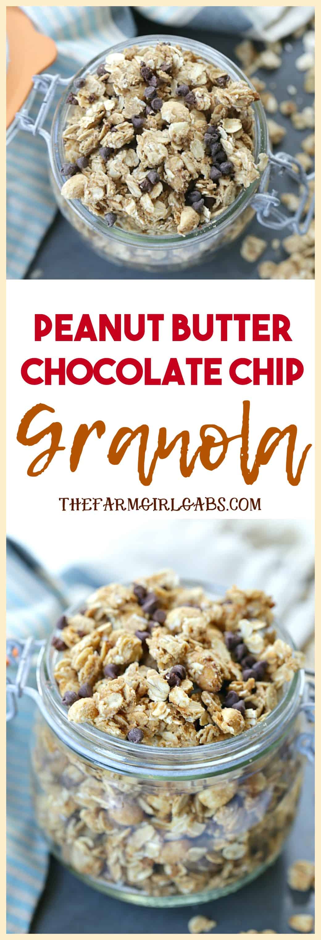 For breakfast or a quick snack, this easy Peanut Butter Chocolate Chip Granola recipe will have everyone begging for more! #granola #chocolaterecipe #granolabars #breakfast