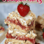 These Strawberry Rhubarb Oatmeal Bars are the perfect summer dessert! Strawberries and rhubarb pair perfectly together in this tasty bar recipe. This strawberry rhubarb bar recipe has a delicious oatmeal cookie topping. #strawberryrhubarb #barrecipe #strawberrydessert #strawberryrhubarbrecipes