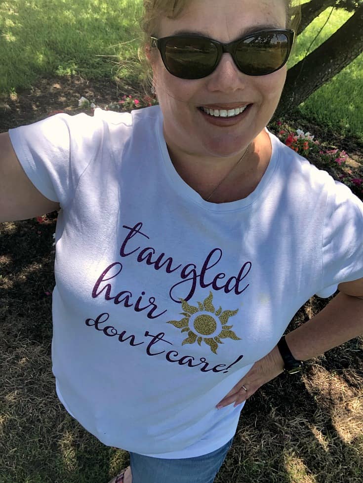 Have the Best Day Ever by creating your own DIY Rapunzel Tangled Hair Don't Care Shirt to wear. This easy tutorial is the perfect way to show your Disney Side! #Rapunzel #DisneySide #DisneyCraft #WaltDisneyWorld #DisneyShirt