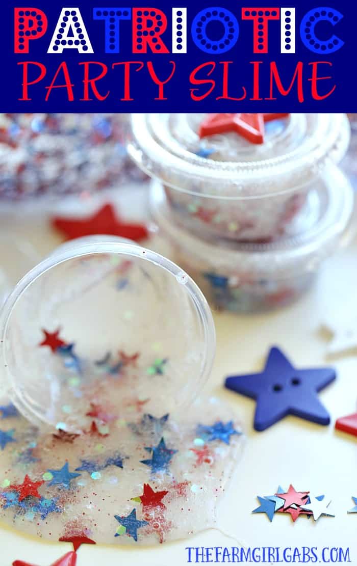 Looking for a fun craft idea to keep the kids busy at your July Fourth Celebration? This Patriotic Party Slime makes the perfect party favor. #slime #julyfourth #patrioticcrafts #slimerecipe