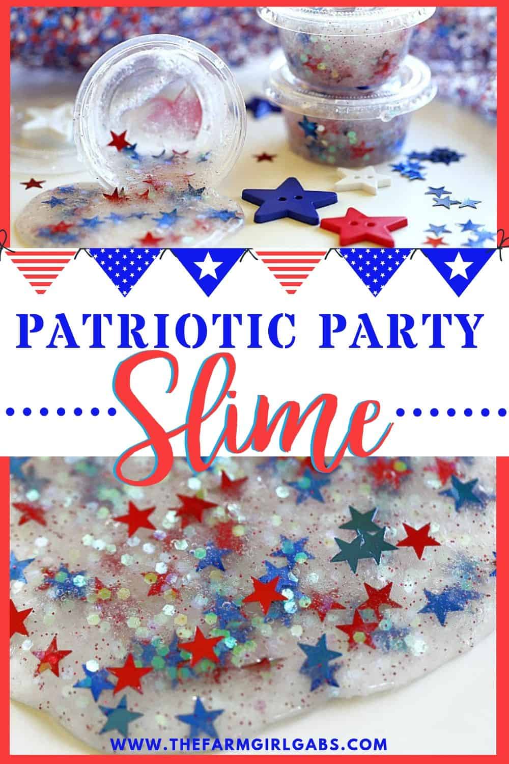 Looking for a fun red, white and blue craft idea to keep the kids busy at your July Fourth Celebration?This Patriotic Party Slime makes the perfect party favor. #slimerecipe #slime #4thofjulycraft