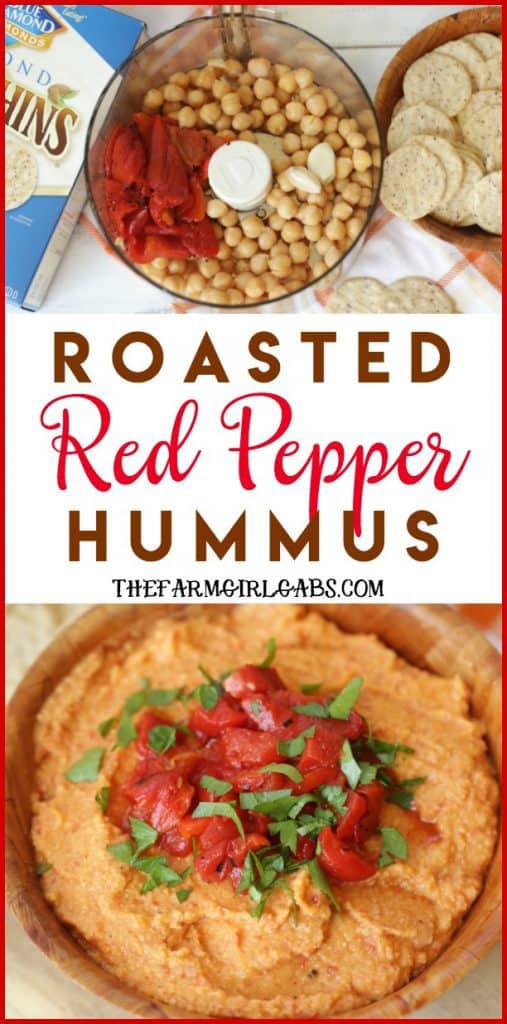 You need just five minutes and a few simple ingredients to make this delicious Roasted Red Pepper Hummus! #Hummus #Ad #NutThinsContest #Dips #Appetizer