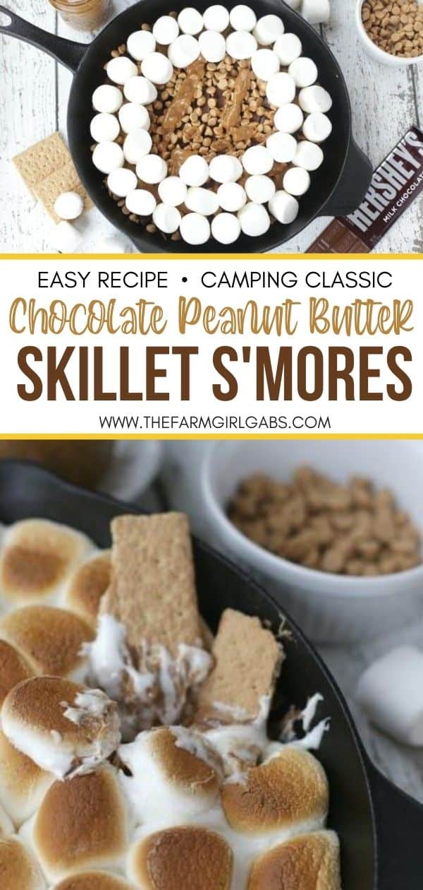 Chocolate Peanut Butter Skillet S'mores are an updated twist of the campfire classic s'mores recipe. This recipe has the perfect amount of chocolate and peanut butter. If you want all the delicious flavor of s'mores without the campfire, then you need to make this Chocolate Peanut Butter Skillet S'mores recipe. It is the perfect camping recipe to make indoors.