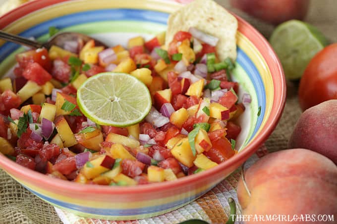 Spice up your summer with this tasty Peach Pico de Gallo recipe. Grab those fresh farmers market peaches and whip up a bowl to snack on. #Peach #PicodeGallo #Salsa #PeachRecipe #Appetizer #Dips #DipRecipe #Farmersmarket