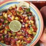Spice up your summer with this tasty Peach Pico de Gallo recipe. Grab those fresh farmers market peaches and whip up a bowl to snack on. #Peach #PicodeGallo #Salsa #PeachRecipe #Appetizer #Dips #DipRecipe #Farmersmarket