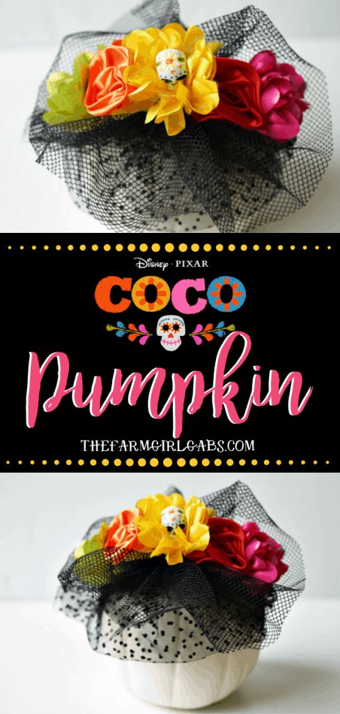 Halloween is the perfect time to celebrate the movie Coco with this easy DIY Sugar Skull Disney Pixar Coco Pumpkin. Make your own to celebrate the Day of the Dead. #Halloween #Coco #DisneyCoco #Pumpkin #Pixar