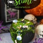 The Sanderson Sisters are at it again. A special mixture of Hocus Pocus, bat wings and bones makes up this spooky Halloween Cauldron Slime. #Slime #SlimeRecipe #Halloween #HalloweenCraft #KidsCraft