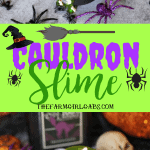The Sanderson Sisters are at it again. A special mixture of Hocus Pocus, bat wings and bones makes up this spooky Halloween Cauldron Slime. #Slime #SlimeRecipe #Halloween #HalloweenCraft #KidsCraft