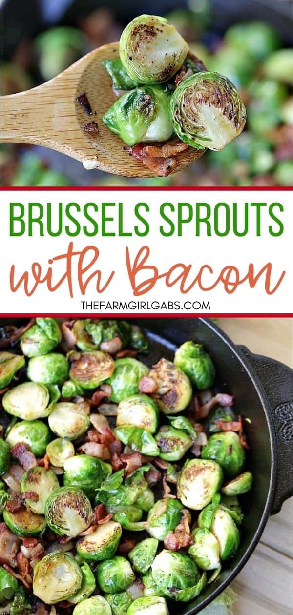 Pan-Seared Brussels Sprouts With Bacon is a super easy side dish ready in 30 minutes flat! These sauteed brussels sprouts are crispy and full of delicious bacon. This easy brussels sprouts recipe is an easy holiday side dish too. No one will complain about eating their vegetables!