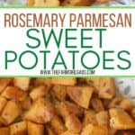 Rosemary Parmesan Sweet Potatoes are tossed in fresh rosemary and parmesan then roasted to perfection! These roasted sweet potatoes have a crispy caramelized exterior and a soft irresistible interior. The rosemary and parmesan seasoning enhance their sweet flavor.