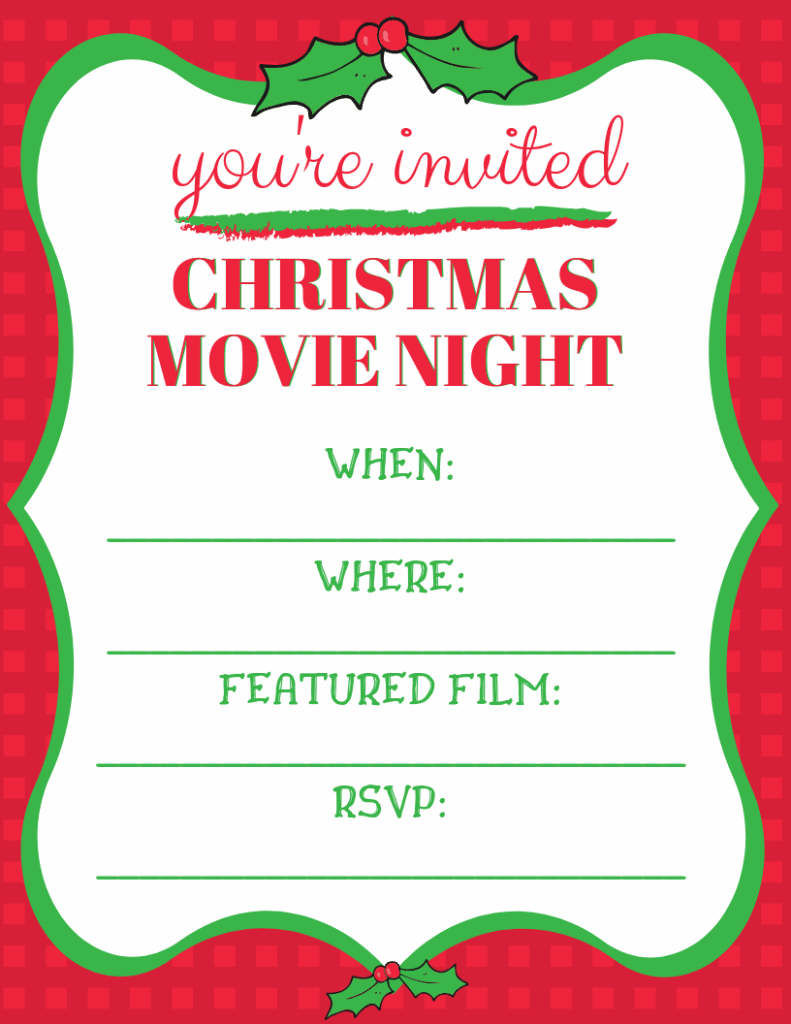 Make it a watch party. Here is a handy Christmas Movie Night Invitation you can download, print and send to all of your friends. #movienight #Christmas #ChristmasMovies #Printables #MovieNightInvitation