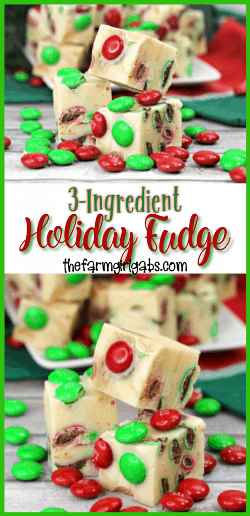 'Tis the season for some sweet treats. This festive 3-Ingredient Holiday Fudge only takes a few ingredients and a few minutes to make and is so delicious! #FudgeRecipe #Fudge #Candy #ChristmasCookies #HolidayFudge #ChristmasRecipe #CandyRecipe #Christmascookieexchange #Christmascookierecipe #ChristmasCookies