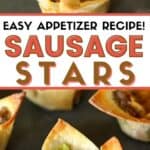 These easy Sausage Stars Appetizers are the perfect recipe for your next celebration. Grab some wonton shells and try this tasty hors d'oeuvres recipe. These party appetizers are made with wonton shells, sausage, peppers and cheese. This is a quick recipe to make for your next party. This easy appetizer recipe is quick to make and delicious too.
