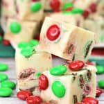 Tis the season for some sweet treats. This festive 3-Ingredient Holiday Fudge only takes a few ingredients and a few minutes to make and is so delicious! #FudgeRecipe #Fudge #Candy #ChristmasCookies #HolidayFudge #ChristmasRecipe #CandyRecipe #Christmascookieexchange #Christmascookierecipe #ChristmasCookies