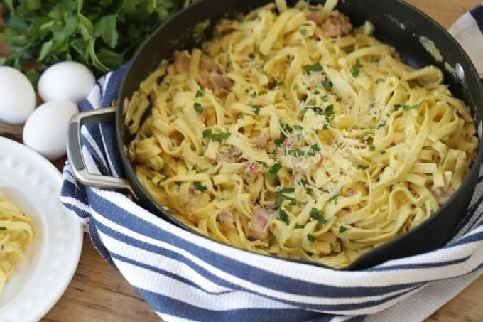 Eggs, bacon and parmesan team up to create an out of this world Pasta Carbonara. This easy recipe is perfect for a quick weeknight meal.