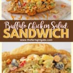 This buffalo chicken salad sandwich is so tasty! Packed with chicken fruit and veggies, It's the perfect sweet and spicy sandwich recipe for lunch or dinner. #buffalochicken #sandwich #buffalochickenrecipe #lunchidea