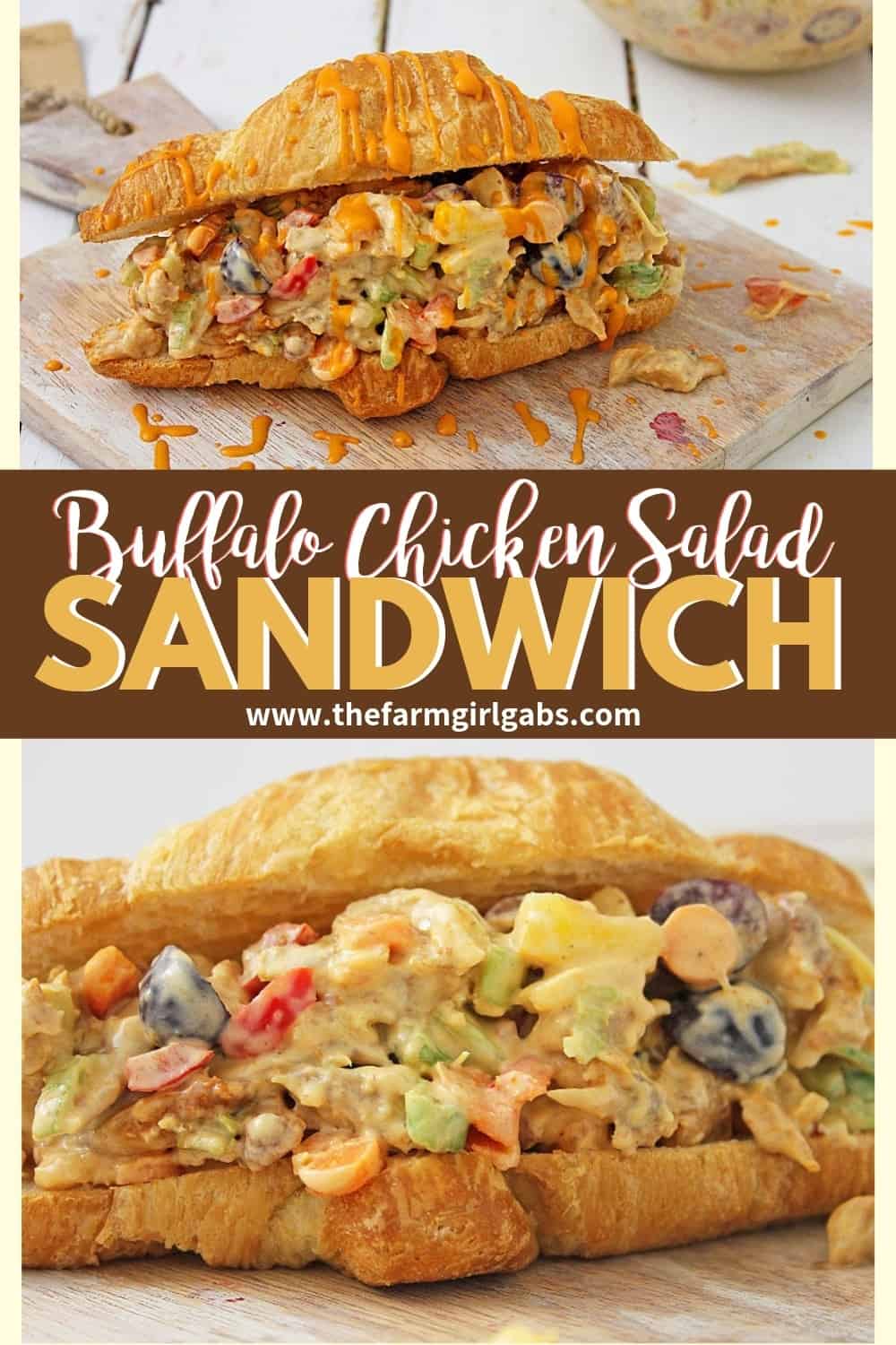 This buffalo chicken salad sandwich is so tasty! Packed with chicken fruit and veggies, It's the perfect sweet and spicy sandwich recipe for lunch or dinner. #buffalochicken #sandwich #buffalochickenrecipe #lunchidea