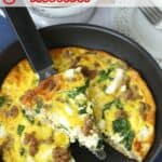 Start your day off right with this Sausage, Spinach and Feta Frittata recipe. This easy frittata recipe is perfect for breakfast or brunch. This make-ahead breakfast option is perfect throughout the week for a quick meal or snack. #frittata #sausagefrittata