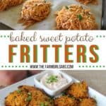 Baked sweet potato fritters are a delicious and healthy recipe. This dish is a perfect side dish or appetizer. This sweet potato fritter recipe is perfect to make in the fall or any time fo the year. #fritters #sweetpotatoes
