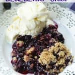 It's blueberry season! This easy blueberry crisp recipe it the perfect way to celebrate. This fruit crisp is a super simple summer dessert and perfect with a dollop of ice cream. This recipe is one of our favorite summer desserts. You family will love this quick and easy fruit crisp recipe. #blueberrycrisp #blueberryrecipe #summerdessert