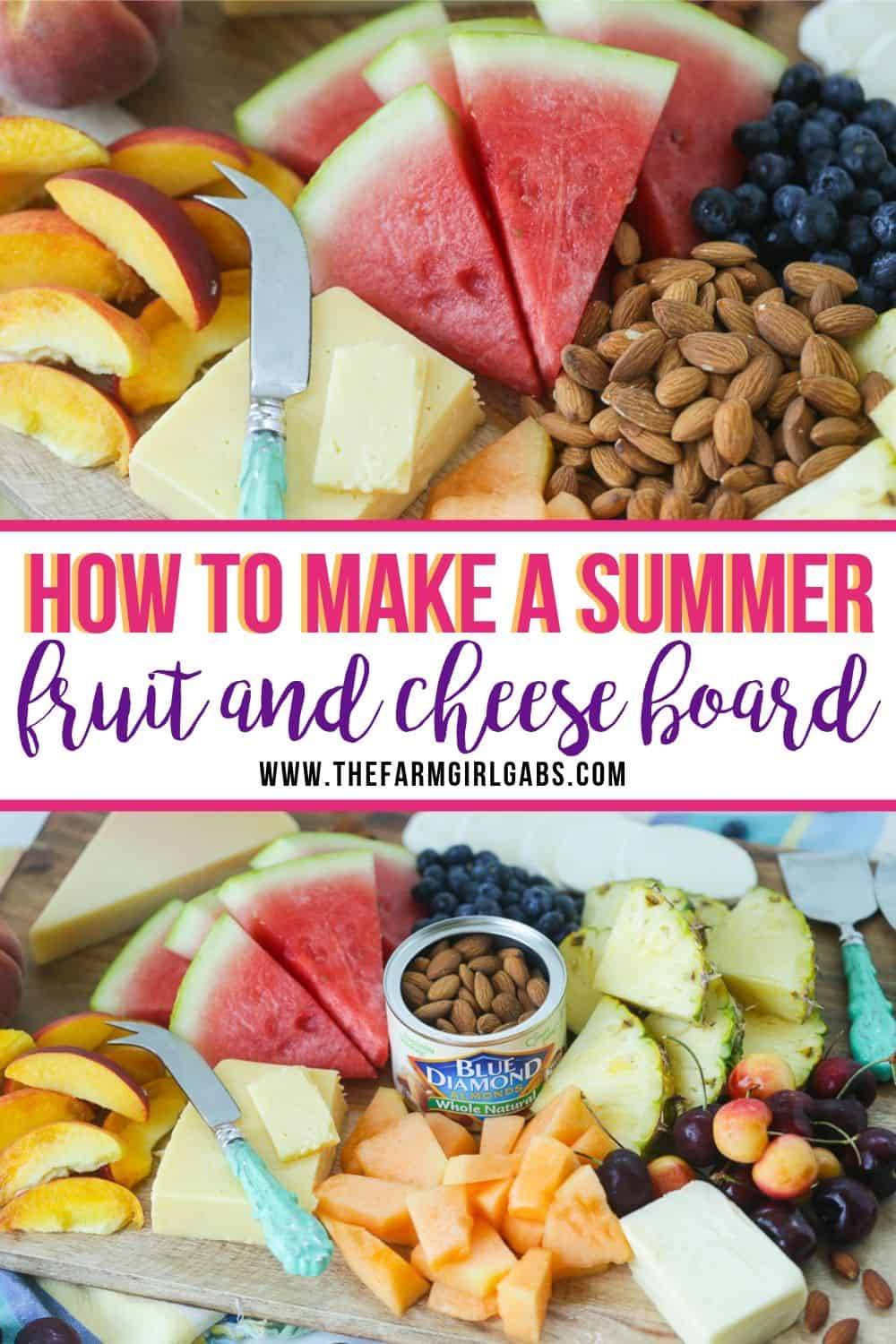 Take summer entertaining to the next level with this easy Summer Fruit And Cheese Board. This fruit and cheese board is an easy party recipe. Your guests will love this Charcuterie board made with fresh summer fruits, cheeses and Blue Diamond Almonds. #ad #WholeNaturalAlmonds, #SimplyDelicious #cheeseboard