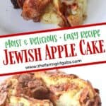 This Jewish Apple Cake recipe is moist and packed with sweet apples and cinnamon. This easy apple cake has a crunchy apple cinnamon topping. Be sure to grab a slice before it's all gone. This Jewish Apple Cake recipe is moist and packed with sweet apples and cinnamon. This easy apple cake recipe is our family's favorite and is a delicious apple cake that taste's just like fall.