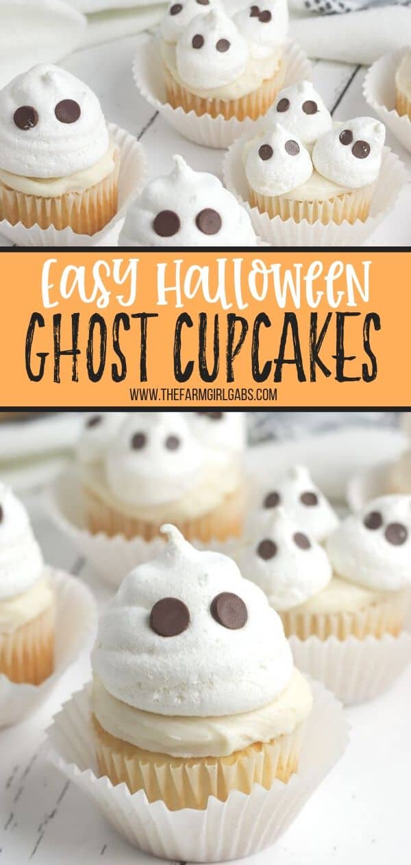 Scare up some cute Halloween fun with these adorable Halloween Ghost Cupcakes. These easy Halloween cupcakes will be the boo-tiful hit with the kids. #ghostcupcakes #halloweencupcakes #halloweensnack