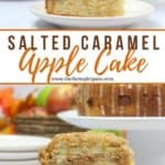 Salted Caramel Apple Cake is moist, fluffy and loaded with fresh sweet apples. It is then drizzled with a decadent salted caramel glaze. This apple cake recipe is a winner! #applecake #applecrumbcake #saltedcaramel #appledessert